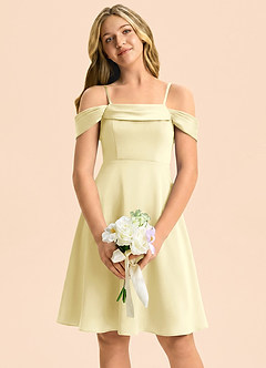 Azazie Anselie Junior Lemon Sorbet A-Line Off the Shoulder Stretch Satin Dress image3