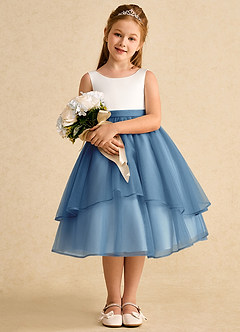Azazie Rene Flower Girl Dresses Ivory Steel Blue A-Line Bow Tulle Dress image3