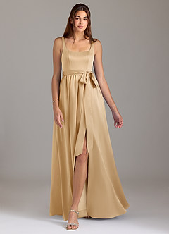 Azazie Elliott Robes de demoiselle d'honneur Robe Trapèze en Satin extensible avec poches Or image5