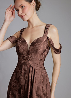 Azazie Emoria Bridesmaid Dresses Chocolate Jacquard A-Line Off the Shoulder Jacquard Dress image5