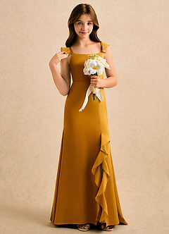 Azazie Novalie Girls Formal Flower Girl Dresses Butterscotch Mermaid Bow Stretch Satin Dress image5