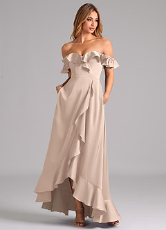 Azazie Lyra Bridesmaid Dresses English Rose A-Line Off the Shoulder Stretch Satin Convertible Dress image3