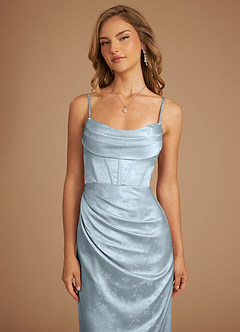 Azazie Mai Bridesmaid Dresses Blue Floral Jacquard Sheath Pleated Floral Jacquard Dress image3