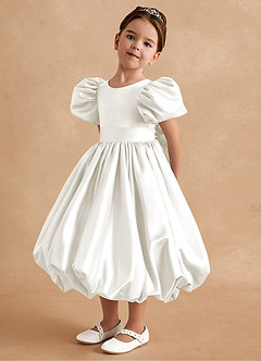 Azazie Jellybean Flower Girl Dresses Ivory Ball-Gown Ruched Matte Satin Dress image4