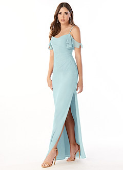 Azazie Emeralda Robes de demoiselle d'honneur Robe Fourreau en Mousseline de soie Épaule décolletée Verre De Mer image1