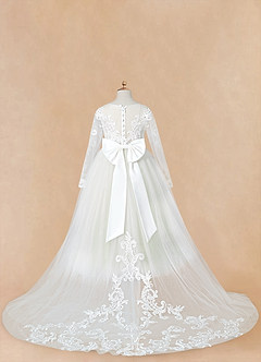 Azazie Elodie Flower Girl Dresses Ivory Dusty Sage Ball-Gown Lace Dress image13