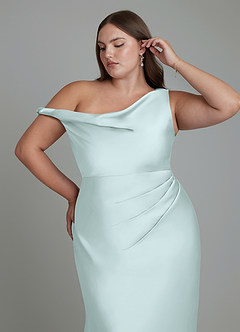 Azazie Emerson Bridesmaid Dresses Sea Glass Mermaid Off the Shoulder Stretch Satin Dress image12