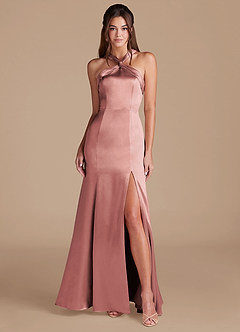Azazie Rue Bridesmaid Dresses Dusty Rose Sheath Pleated Metallic Satin Dress image1