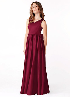 Azazie Hathaway Junior Vestido de Borgoña de Satén Elástico de Corte En A con Lazo image4