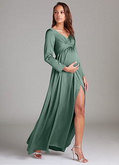Azazie Teton Final Sale A-Line Long Sleeve Stretch Satin Floor-Length Dress image3