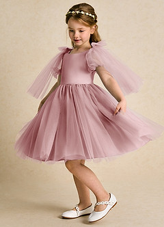 Azazie Duchess Robe Demoiselle D'honneur Fillette Robe Trapèze en Tulle avec manches Rose Poussiéreuse image4