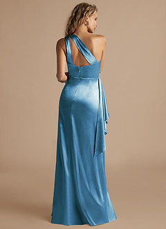 Azazie Maive Bridesmaid Dresses Steel Blue Sheath Ruched Metallic Satin Dress image3