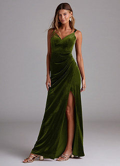Azazie Leo Bridesmaid Dresses Olive Sheath Pleated Velvet Dress image1