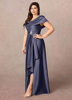 Azazie Branford Mère de la mariée Robes Robe Trapèze en Satin extensible Plissé Bleu Orageux image11
