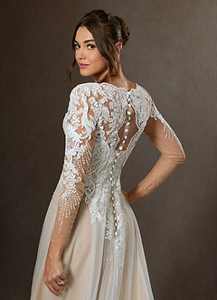 Azazie Essy Wedding Dresses Diamond White Champagne A-Line V-Neck Sequins Tulle Dress image6