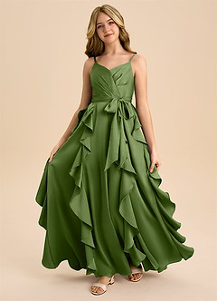 Azazie Peyton Junior Robe Trapèze en Satin extensible Plissée Genévrier image5