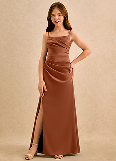 Azazie Cannoli Girls Formal Flower Girl Dresses Copper A-Line Pleated Stretch Satin Dress image3