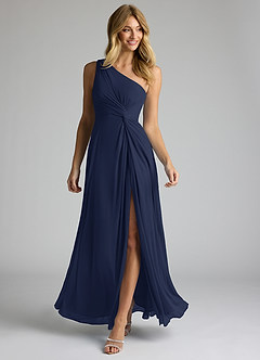 Azazie Brooke Bridesmaid Dresses Dark Navy A-Line One Shoulder Mesh Dress image2