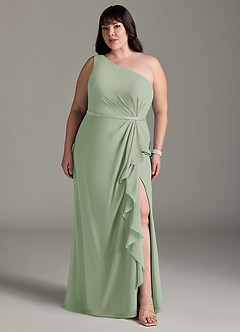 Azazie Liza Vestidos de damas de honor Vestido de Salvia Polvorienta de Gasa de Corte Sirena con Hombro unilateral image6