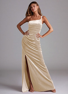 Azazie Eren Final Sale Champagne Sheath One Shoulder Velvet Dress image4