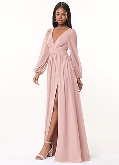 Azazie Norah Brautjungfernkleider A-Linie Lange Ärmel mit V-Ausschnitt Chiffon Kleid Puderrosa image4