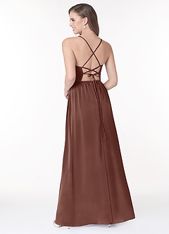 Azazie Raya Bridesmaid Dresses Espresso A-Line V-Neck Pleated Stretch Satin Dress image2