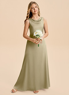 Azazie Kiki Junior Vestido Musgo Verde de Satén Elástico de Corte en A con Lazo image1