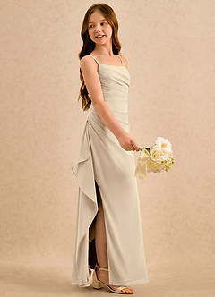 Azazie Cannoli Girls Formal Robe Demoiselle D'honneur Fillette Robe Trapèze en Mousseline de soie Plissée Champagne image4