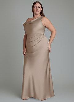 Azazie Emerson Bridesmaid Dresses Taupe Mermaid Off the Shoulder Stretch Satin Dress image4