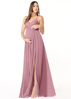 Azazie Annabelle Maternity Bridesmaid Dresses A-Line V-Neck Pleated Mesh Floor-Length Dress image1