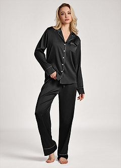 front Satin Lurex Trim Long Sleeve Pajama Set