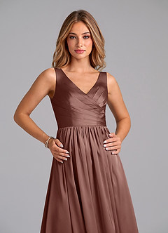 Azazie Keyla Bridesmaid Dresses Espresso A-Line Pleated Stretch Satin Dress image3