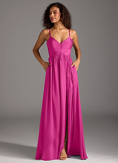 Azazie Alia Vestidos de damas de honor Vestido de Fucsia de Satén Elástico de Corte en A con Plisado image7