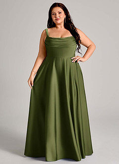 Azazie Shaude Bridesmaid Dresses Olive A-Line Pleated Stretch Satin Dress image12