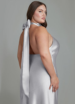 Azazie Velli Bridesmaid Dresses Silver Sheath High Neck Metallic Satin Dress image14