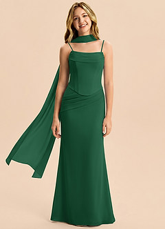 Azazie Sorrel Junior Vestido Verde Oscuro de Gasa de Corte Sirena con Plisado image4