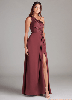 Azazie Brooke Robes de demoiselle d'honneur Robe Trapèze en Satin extensible Ue épaule Merlot image3