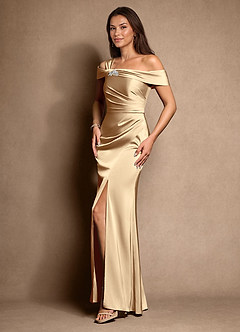 Azazie Altonia Mother of the Bride Dresses Champagne Mermaid Off the Shoulder Stretch Satin Dress image5