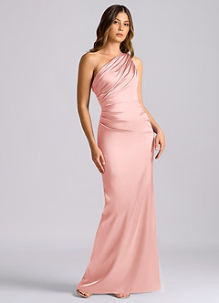 Azazie Akilah Probar vestidos en casa Vestido de Azul Cielo de Satén Elástico de Corte Sirena con Hombro unilateral image1