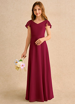 Azazie Nari Junior Formal Flower Girl Dresses Burgundy A-Line with Sleeves Chiffon Dress image4