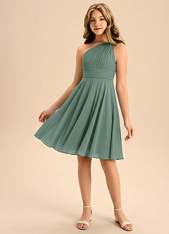 Azazie Charlize Junior Vestido de Eucalipto de Gasa de Corte en A con Plisado image1