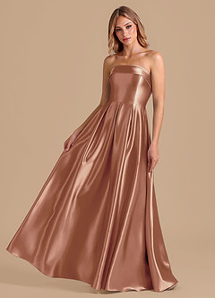 Azazie Lucienne 신부 들러리 드레스 A라인 주름진 메탈릭 새틴 바닥 길이 드레스 image1