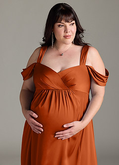 Azazie Rhea Zwangerschaps Bruidsmeisjekleding A-Lijn Off The Shoulder Geplooid Stretch Satijn Vloerlengte Jurk image12