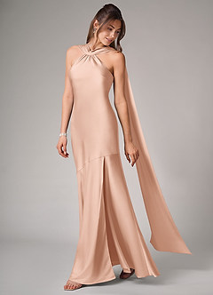 Azazie Kinsley Robes de demoiselle d'honneur Robe Sirène en Satin extensible Fente Latérale Or Rose image4