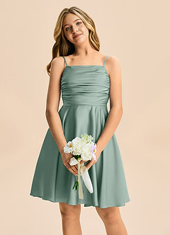 Azazie Miko Junior Silver Sage A-Line Pleated Stretch Satin Dress image6