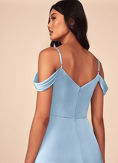 Azazie Ocean Bridesmaid Dresses Powder Blue A-Line V-Neck Pleated Stretch Satin Dress image5