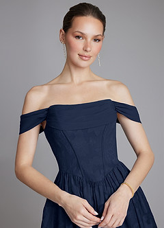 Azazie Raisa Bridesmaid Dresses Dark Navy A-Line Off the Shoulder Floral Burnout Dress image4