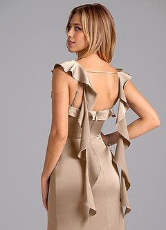 Azazie Adi Bridesmaid Dresses Taupe A-Line Pleated Stretch Satin Dress image2