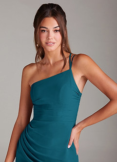 Azazie Eren Vestidos de damas de honor Vestido de Azul Tinta de Gasa de Corte Recto con Hombro unilateral image6