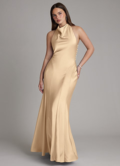Azazie Sahara Bridesmaid Dresses Champagne A-Line Pleated Stretch Satin Dress image1